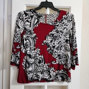 Alfani Women’s Red Black White Floral & Animal Print Knit Blouse Top Size S